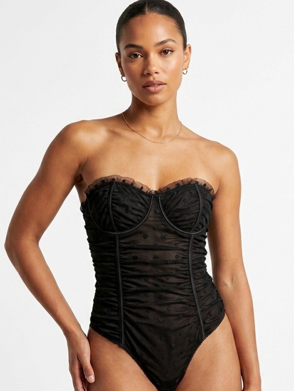 LE LIS Mesh Bustier Bodysuit In Black Polka Dot  Size Small